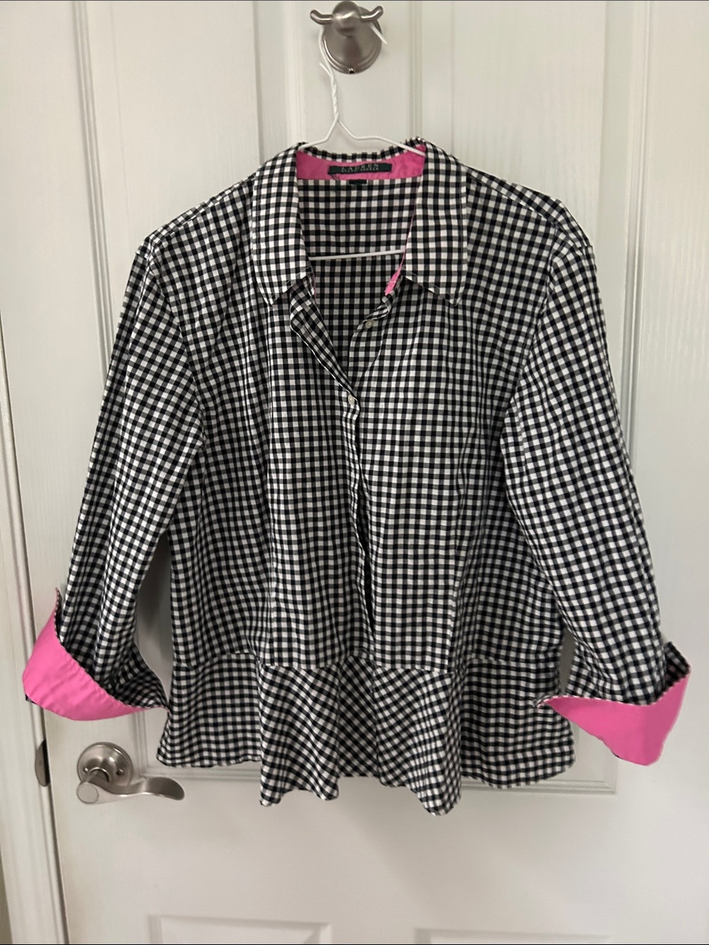 Ralph Lauren Black & White Gingham Blouse with Pink Trim